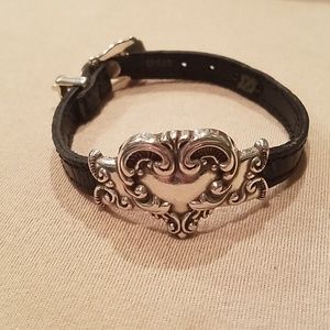 Silver and leather heart bracelet
